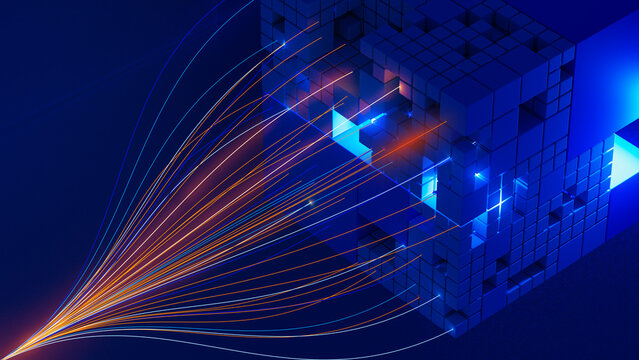 Digital cube structure with light trails creating a stream effect