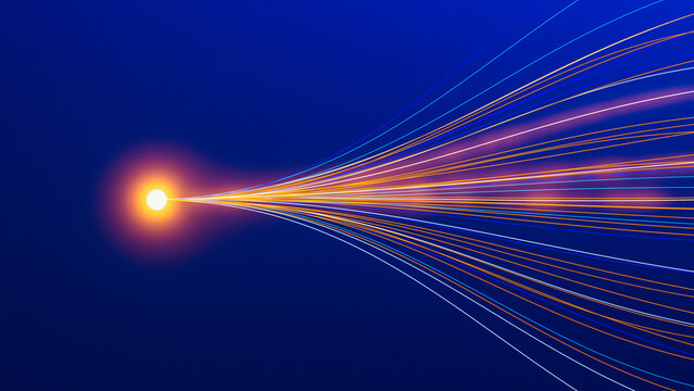 Digital cube structure with light trails creating a stream effect
