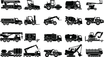 Construction and Industrial Vehicle Icon Collection with Heavy Machinery, Excavation, and Roadwork Equipment Symbols for Engineering and Infrastructure Design Projects © Joy