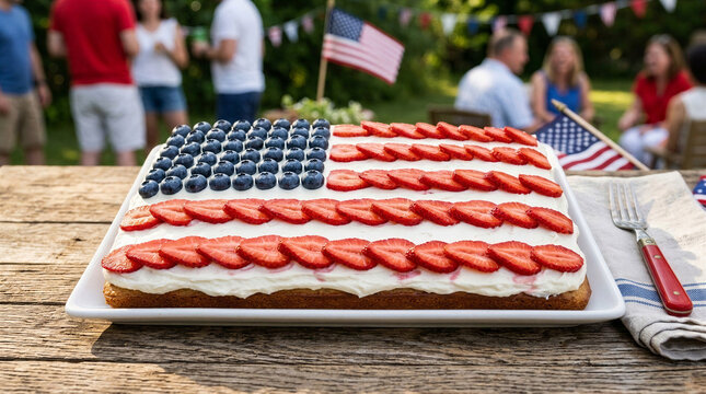 American flag cake with berries, festive atmosphere, celebration, outdoor setting