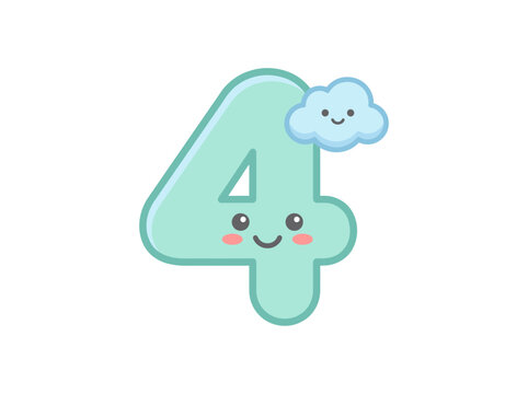 A cheerful cartoon number four with a smiling cloud floats in the air.