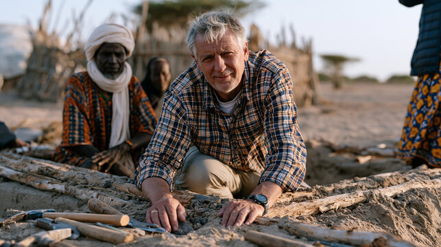 International development volunteer kneels beside a village well construction site in a dry rural landscape, working alongside local laborers and an interpreter, hand tools and equipment spread acro
