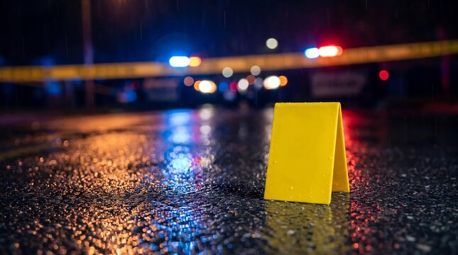 Blank Yellow Evidence Marker at Night Crime Scene with Police Tape and Flashing Lights