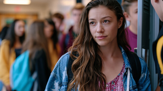 Middle school corridor where student stands up to peer intimidation with visible trembling but firm posture, locker door open between them, gathered bystanders beginning to step forward in solidarit