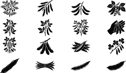 Obraz premium Legume Plant Silhouette Icon Collection with Bean, Pea, and Pod Illustrations for Agricultural and Botanical Design Projects