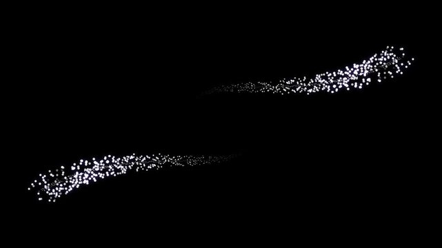 Fairy dust glitter bubble particle animation with white twinkling sparkles, magic shimmer trail, bright bokeh glow, flowing pixie dust path, seamless starburst overlay on black screen background in 4k