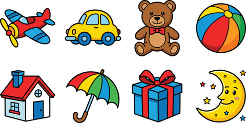Naklejka premium Cute Kids Toy Icon Set with Airplane Car Teddy Bear Ball House Umbrella Gift Box and Moon Vector Illustration