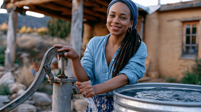 Off grid homesteader woman manually operating a hand crank water pump beside a rainwater collection barrel outside a straw bale house, rural self sufficient living, no utility connection lifestyle, 