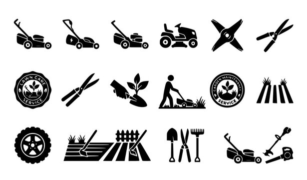 Lawn Mower Icon Set Gardening Lawn Care Equipment Black Silhouette Vector Illustration Isolated White Background