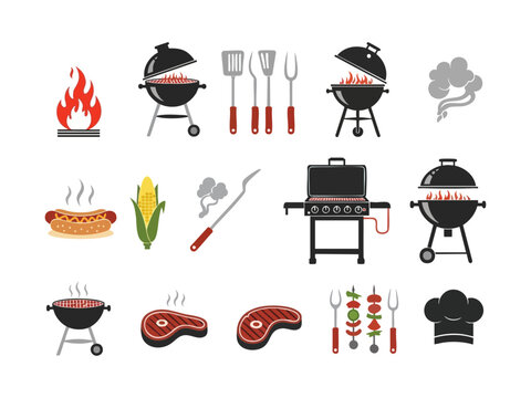 Barbeque grill icons. Vector bbq and grilling symbols, brazier and roaster