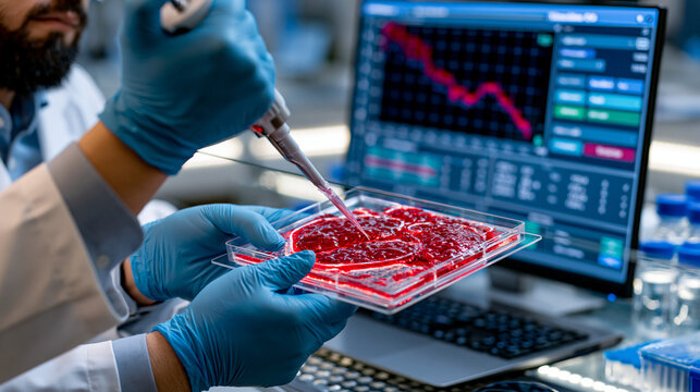 Pharmaceutical safety scientist pipetting hepatotoxic compound dose into perfused liver organ-on-chip platform replicating first-pass metabolism, real-time cellular viability metric declining on mon