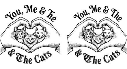 you me and the cats, cat heart, black and white cats, family svg, cat lovers, printable art, vector illustration, hands art © Tanbin