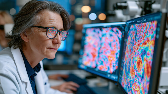 Retina specialist reviewing AI-assisted age-related macular degeneration progression model comparing serial optical coherence tomography scans on dual monitor diagnostic workstation, drusen volume q