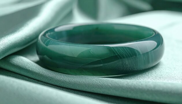 A polished deep green jadeite bangle with smooth surface resting on a draped teal fabric
