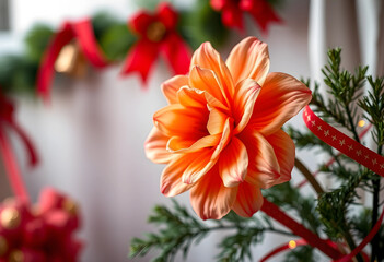 Fototapeta premium Orange amaryllis flower with Christmas decorations