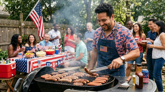 Man grilling sausages with friends at a barbecue party, celebrating Fourth of July