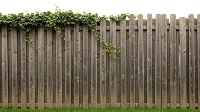weathered wooden fence, green ivy, rustic garden border, isolated on white