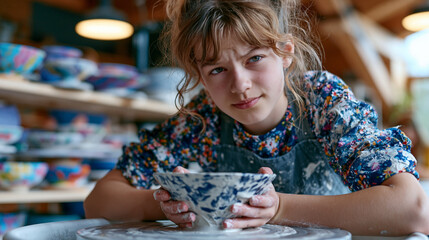 Fototapeta premium Teenage girl in pottery class leaning over spinning clay wheel under warm studio lighting, apron covered in slip, brow furrowed in deep creative concentration, finished student pieces drying on shel