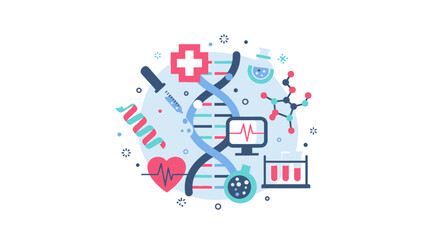 Fototapeta premium Biotechnology and Medical Research Vector Illustration with DNA Helix, Lab Glassware, and Healthcare Icons