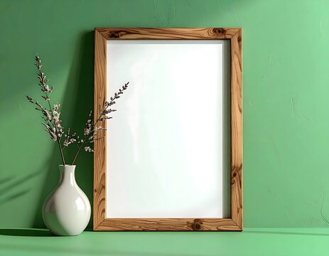 Blank Wooden Frame and Vase on Green Background