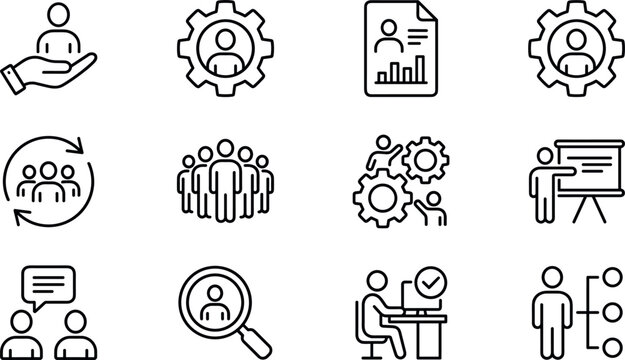 Human Resources and Corporate Team Management Thin Line Icon Set Featuring Recruitment Training Performance Analytics and Workforce Optimization Symbols