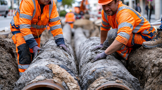 Underground insulated district heating pipes being laid in an open trench through a city street, utility workers guiding large diameter conduit sections, municipal thermal energy network installatio