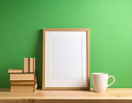 Blank Wooden Frame with Books and Mug on Green