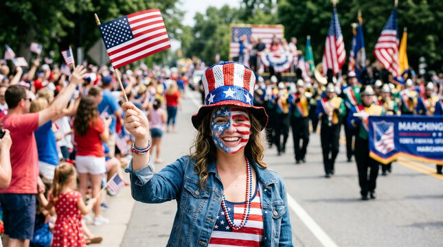 Woman celebrating Fourth of July with face paint and flags at a festive parade