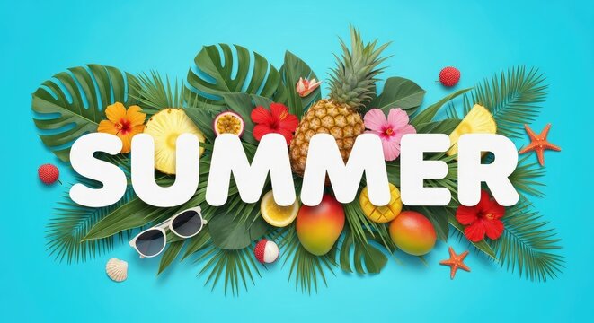 Summer text with tropical fruit and leaves on blue background