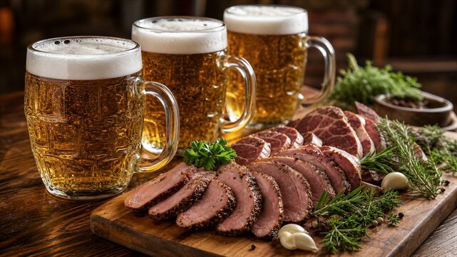 Golden beer mugs gleam beside sliced meat. Herbs and garlic garnish the wooden board. Warm light highlights the rich colors and textures. Perfect for rustic dining or beer and food promotion