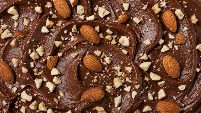 Rich chocolate spread swirls with chopped almonds. Whole almonds dot the creamy surface. Texture contrasts sweetness and crunch. Perfect for food blogs or dessert ads