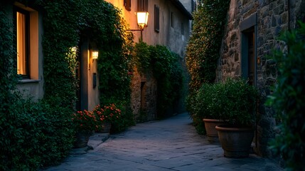 Obraz premium An atmospheric view of a charming old town passage at dusk featuring ivy covered stone walls and soft lamplight on the cobblestone pathway