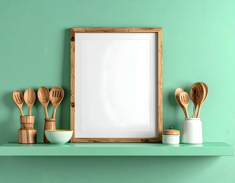 Blank Wooden Frame on Mint Green Kitchen Shelf