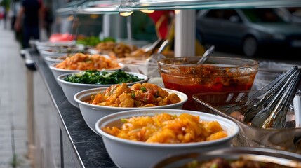 Obraz premium A brightly lit street food stall displaying fresh ingredients and organized serving dishes on a lively urban sidewalk