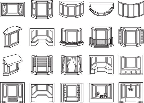 A collection of architectural line drawings showcases various window styles, including bay windows, bow windows, and dormer windows, with different decorative elements like shutters, curtains.