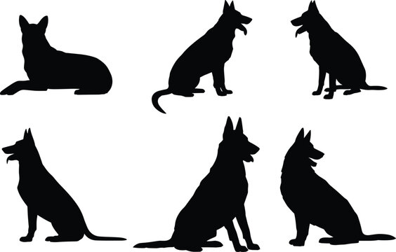 German shepherd dog silhouettes vector icon set featuring sitting and lying k9 canine breeds isolated on white background