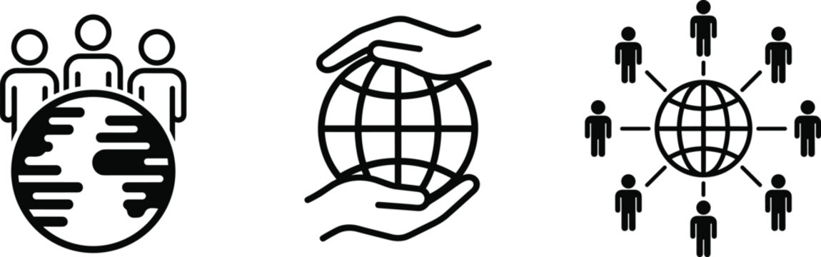 Global community and business connection icon set featuring international teamwork corporate responsibility and a diverse network of people around the world