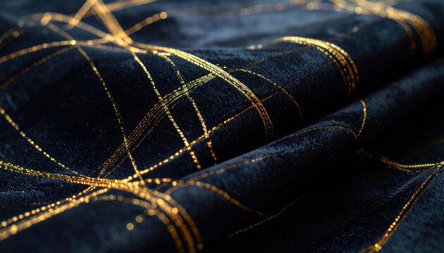 Luxurious Dark Fabric with Intertwined Golden Threads and Subtle Ambient Lighting