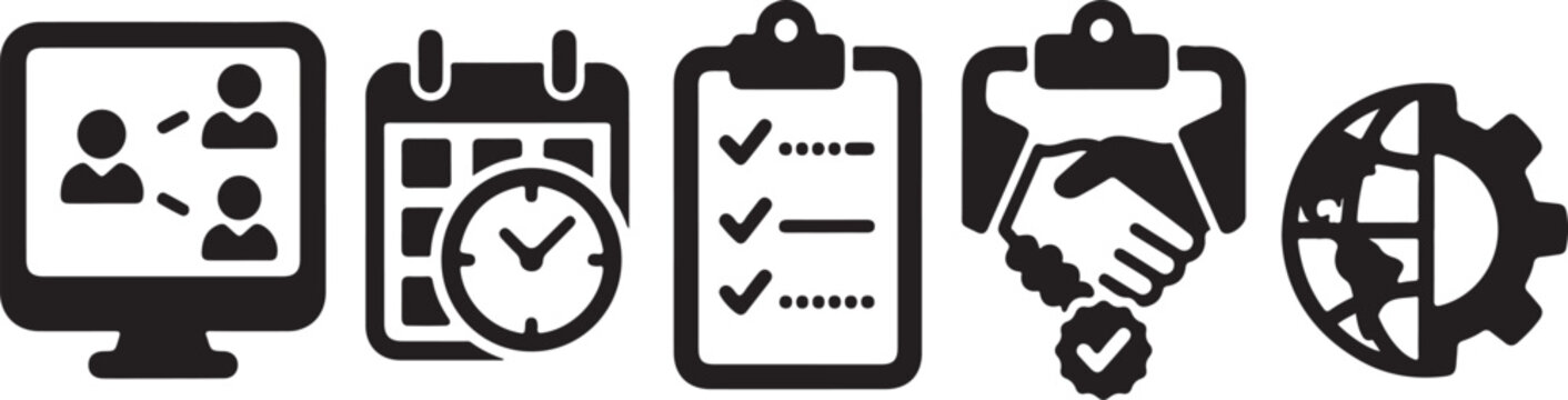 Set of black business icons representing management planning teamwork handshake and global operations