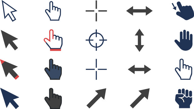 Computer Mouse Cursor and Hand Pointer Vector Icon Set Featuring Arrow Cursors, Clicking Hands, Crosshairs, Resize Arrows, and Touch Screen Gestures for Web UI Designs