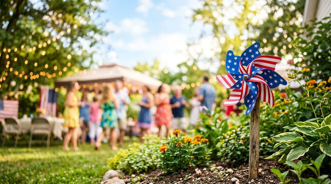 Patriotic pinwheel in garden, festive atmosphere, celebrating The Fourth of July, copy space