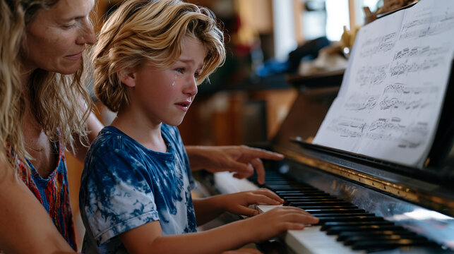 Young boy sitting at upright piano during private lesson, sheet music propped open, frustrated tears as fingers stumble over same difficult passage repeatedly, patient instructor pointing gently to 