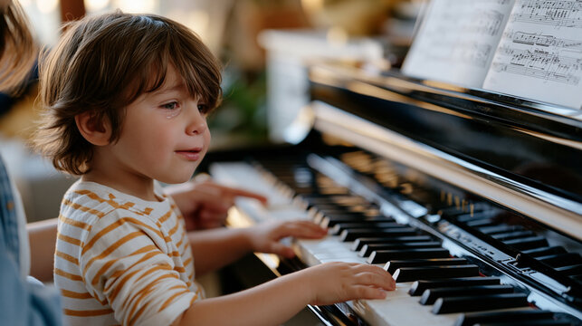 Young boy sitting at upright piano during private lesson, sheet music propped open, frustrated tears as fingers stumble over same difficult passage repeatedly, patient instructor pointing gently to 