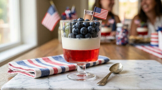 Red, white, and blue layered dessert, festive mood, celebrating Fourth of July, indoor setting