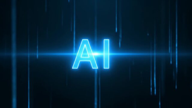 Ai text logo with glowing blue digital rain background for technology concept
