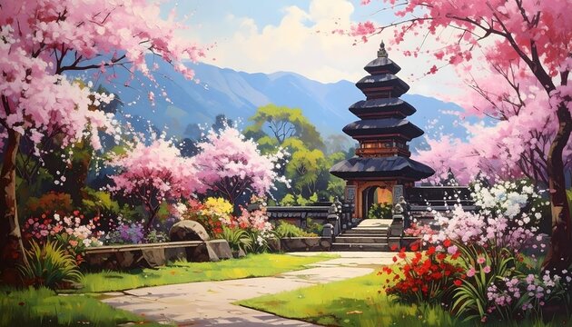 Blossoming Temple Garden Landscape