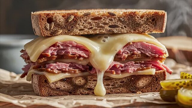 A juicy sandwich overflowing with melted cheese and meat on a rustic table with pickles