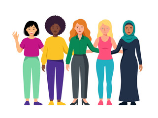 Fototapeta premium Diverse Group of Women Standing Together Representing Unity and Empowerment Flat Vector Illustration