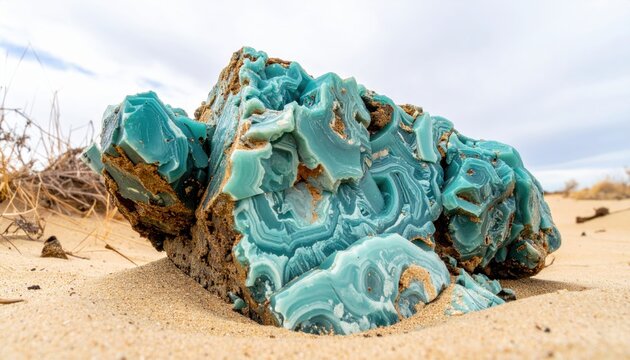 Rough natural turquoise gemstone nuggets with intricate matrix patterns embedded, resting on sandy ground