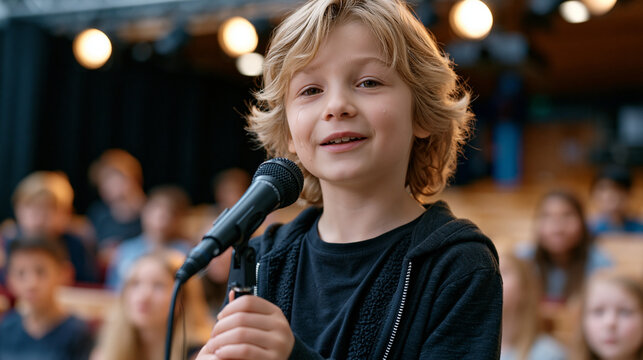 Elementary student frozen center stage under auditorium spotlights during school talent show, classmates seated in rows watching, small hands gripping microphone stand, wide fearful eyes scanning th